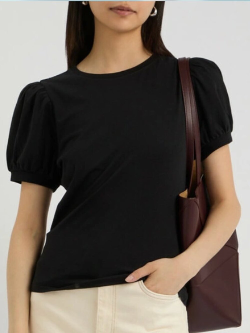 PAIGE Matcha Black Puff Sleeve Cotton Tee Top Size L